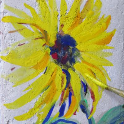 Isabelle Bonzom, Tournesol, Sunflower, buon fresco in progress